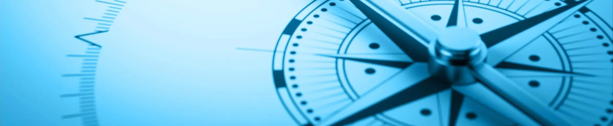 Blue-toned close-up image of a compass with prominent directional markings, symbolizing leadership, strategic planning, vision, guidance, decision-making, and organizational direction.