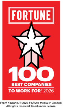 FORTUNE 100 Best Companies to Work For® 2026 badge featuring a red background, white star graphic, and white text recognizing inclusion on the annual workplace excellence list.