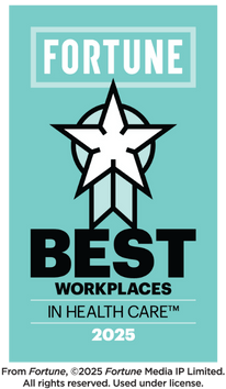 FORTUNE Best Workplaces in Health Care™ 2025 badge featuring a light blue background, white star graphic, and bold black text recognizing excellence in workplace culture within the healthcare industry.