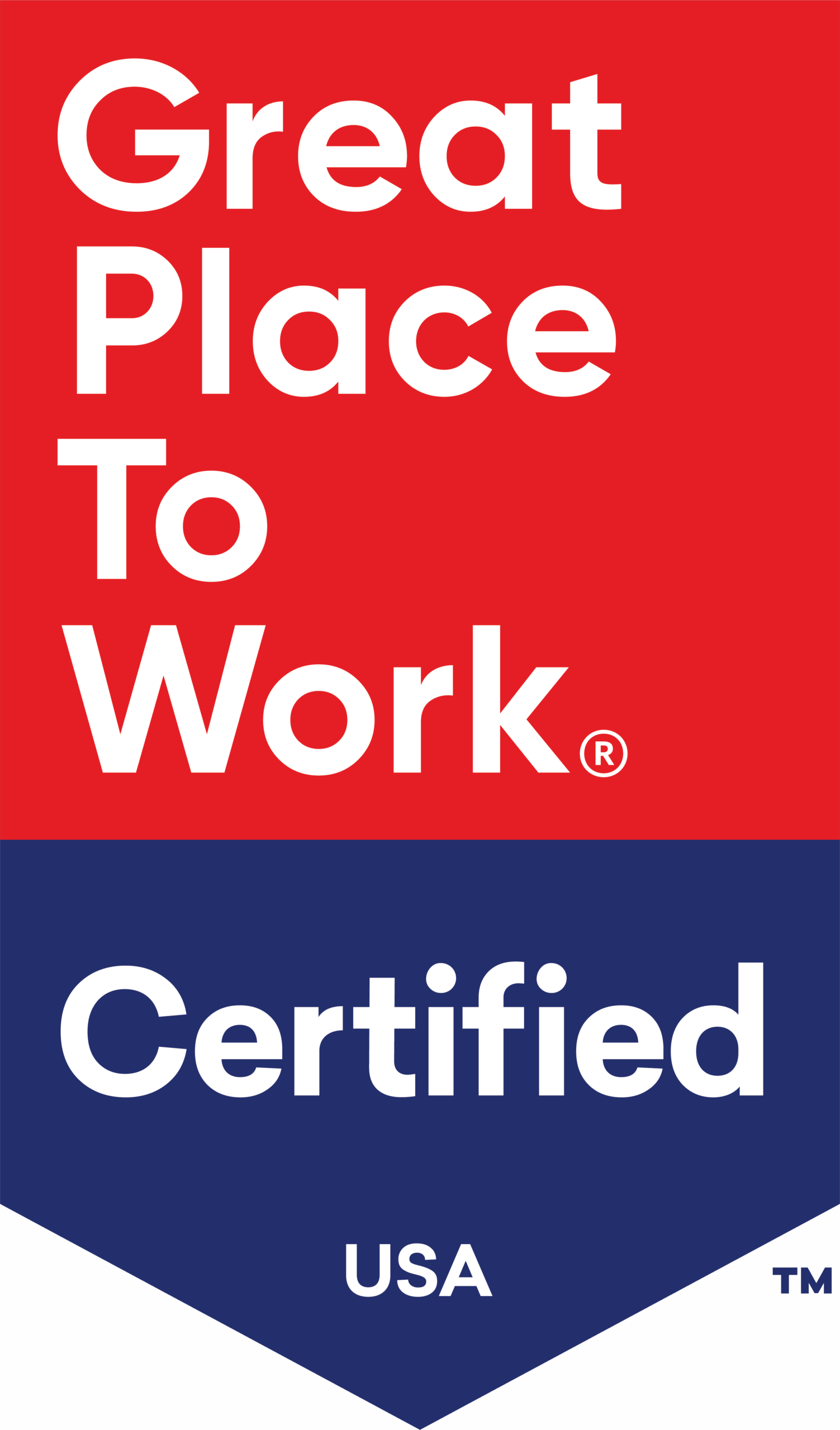 Official Great Place To Work® Certified USA badge featuring white text on a red and blue background, indicating workplace culture certification and employee satisfaction recognition.