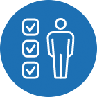 Blue circular icon showing a checklist with three checked boxes beside a person figure, representing customer feedback, reviews, satisfaction, surveys, or client testimonials.