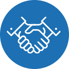 Blue circular icon featuring two hands shaking, symbolizing partnership, collaboration, teamwork, business relationships, and strategic alliances.