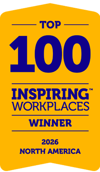 Official Top 100 Inspiring Workplaces™ Winner 2025 North America badge featuring bold blue text on a gold background, recognizing excellence in workplace culture, employee engagement, and organizational impact.